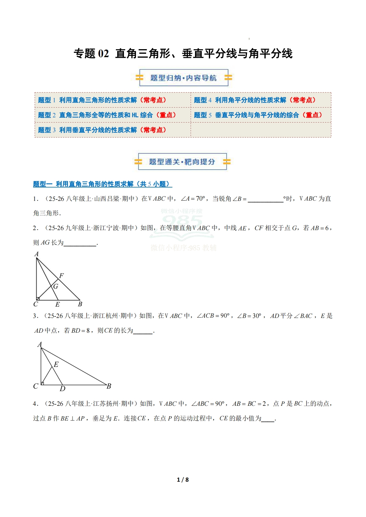 专题02 直角三角形、垂直平分线与角平分线（期中复习专项训练）（原卷版）八年级数学下学期新教材北师大版.pdf-七宝：认真做好一件事