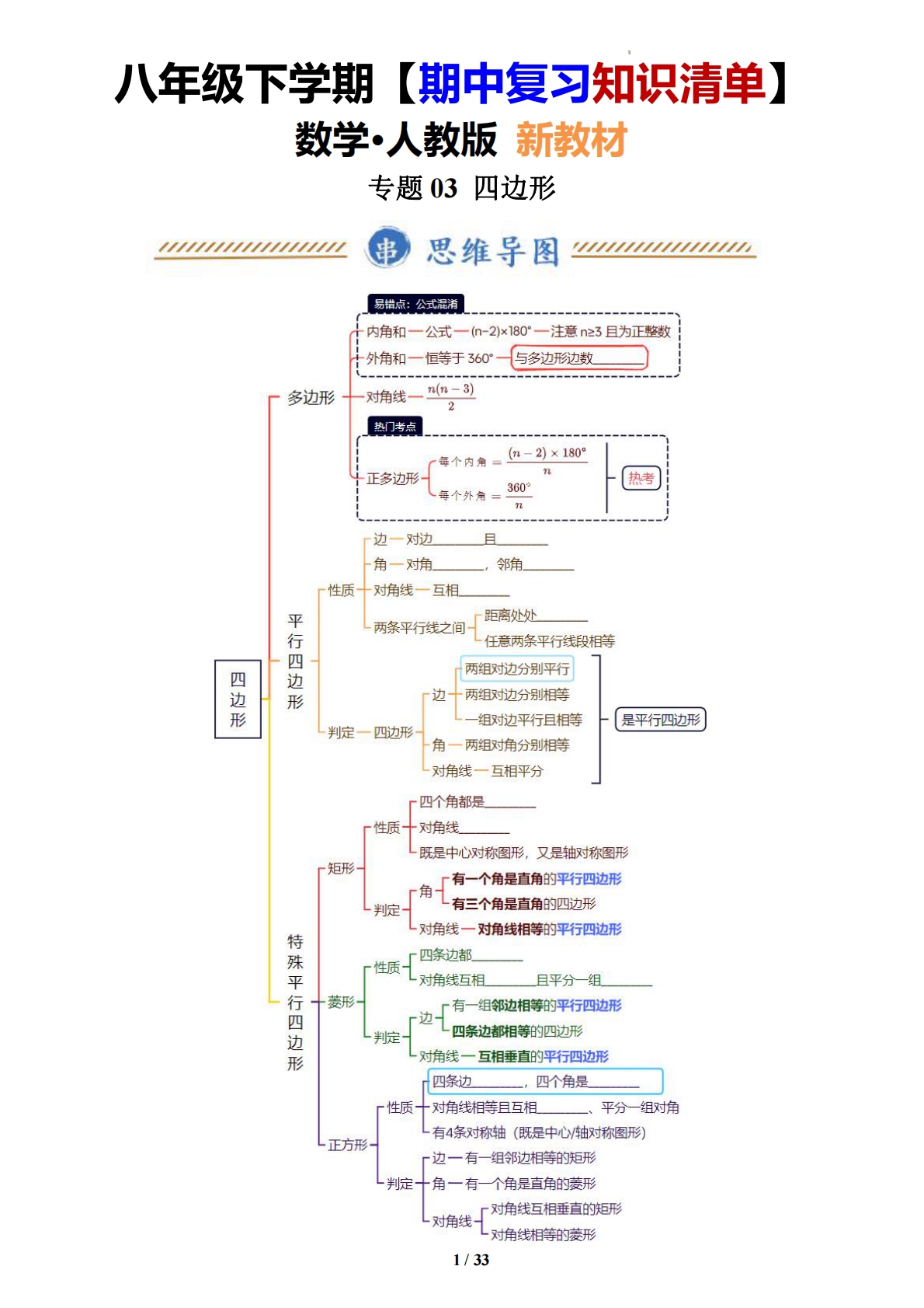 （期中复习知识清单）专题03 四边形（原卷版）.pdf-七宝：认真做好一件事