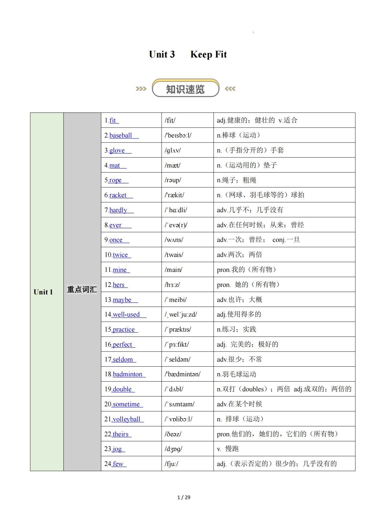 Unit 3 Keep Fit（知识清单）（答案版）.pdf-七宝：认真做好一件事