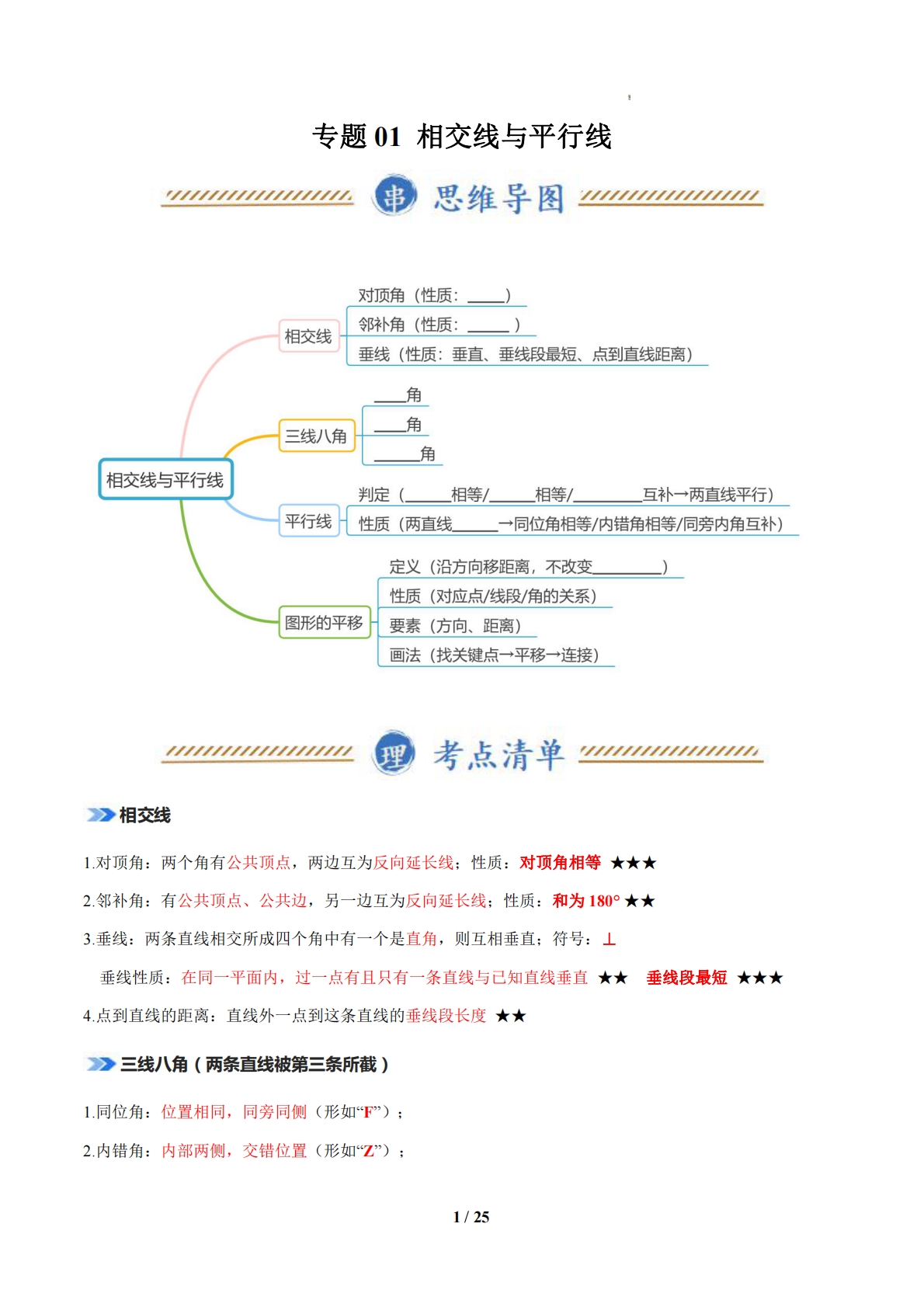 专题01 相交线与平行线（期中复习知识清单）（原卷版）.pdf-七宝：认真做好一件事