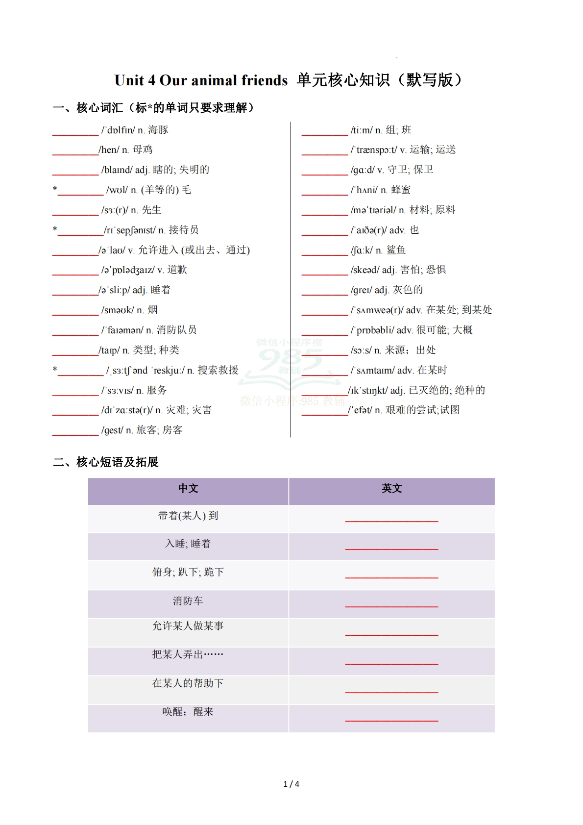 Unit 4 Our animal friends 单元核心知识（背诵默写任务单）（默写版）.pdf-七宝：认真做好一件事