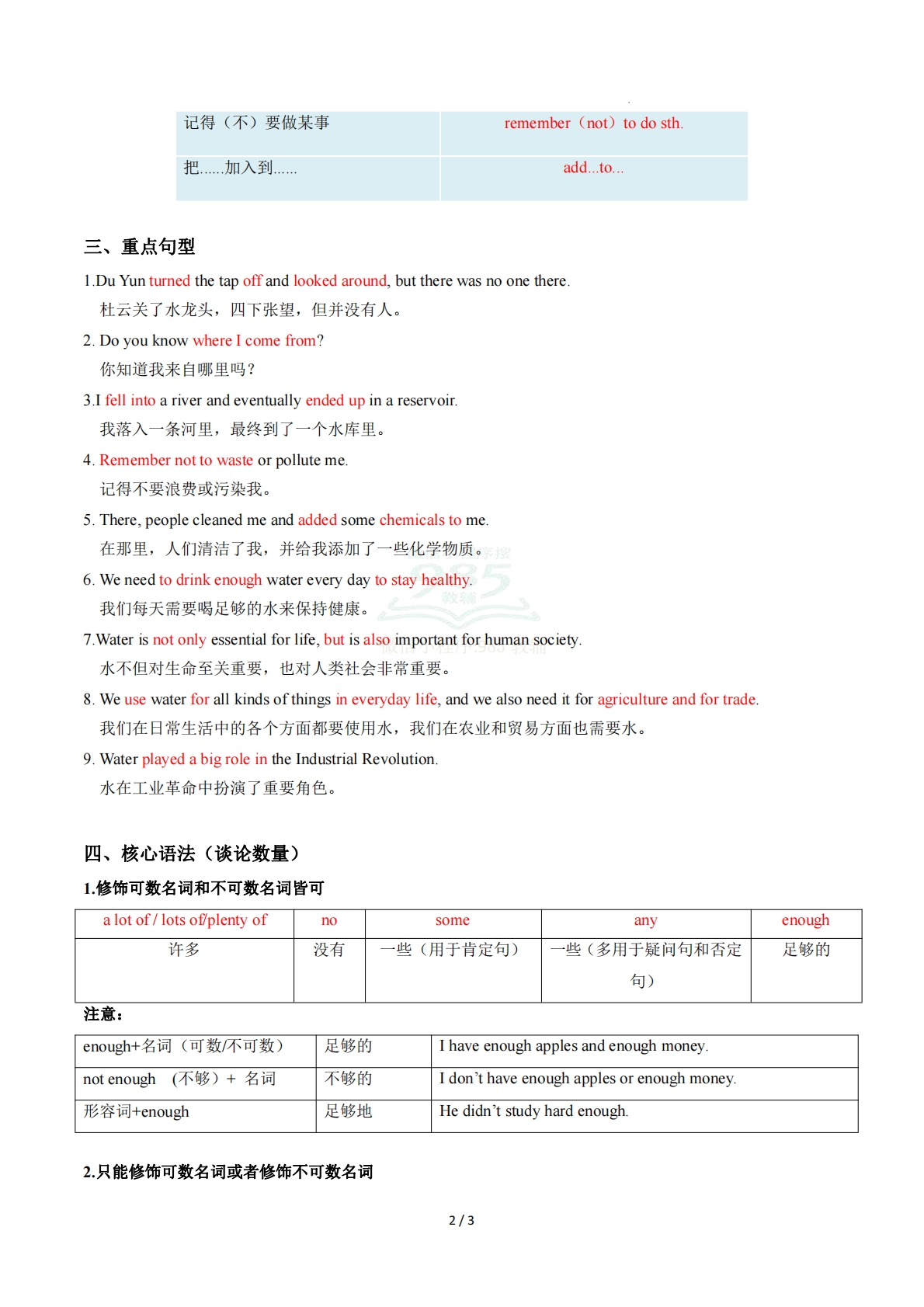 图片[2]-Unit 5 Water is life 单元核心知识（背诵默写任务单）（背诵版）.pdf-七宝：认真做好一件事