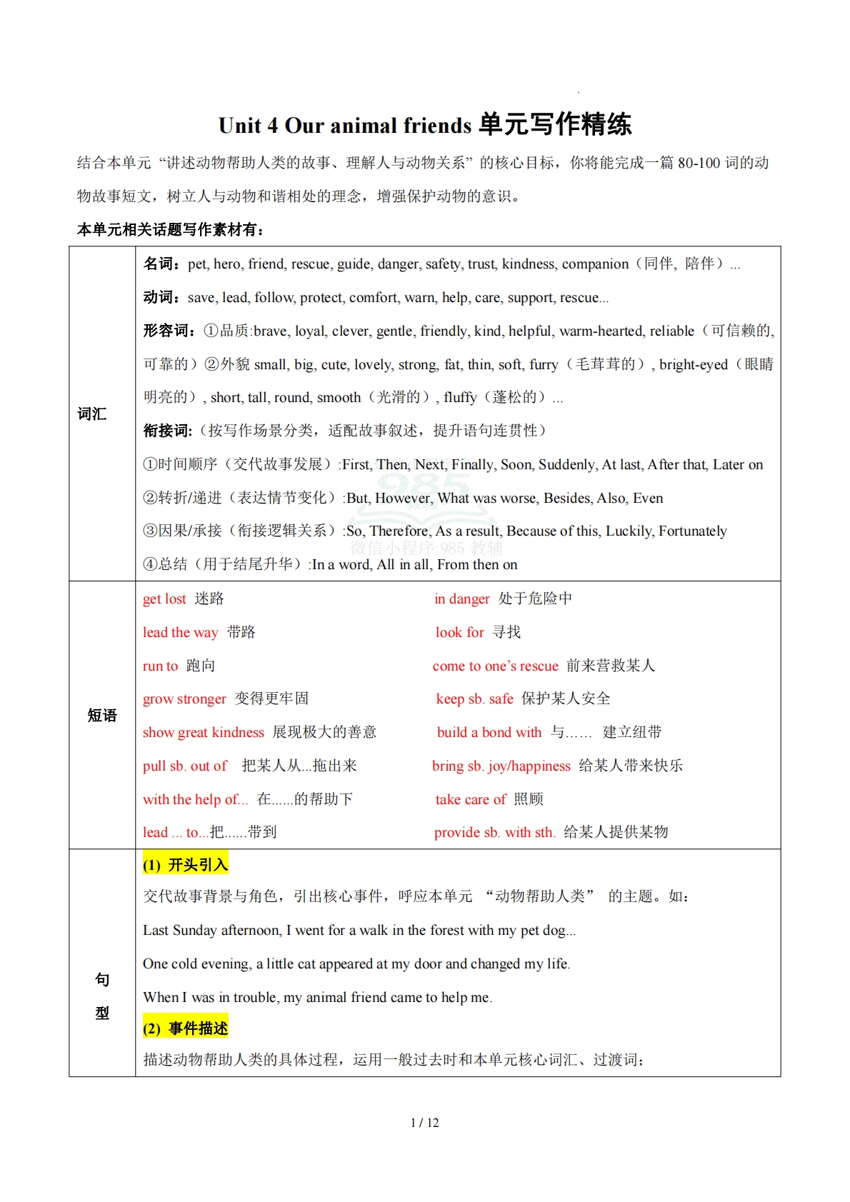 Unit 4 Our animal friends 写一个与动物有关的故事（单元写作精练）（解析版）.pdf-七宝：认真做好一件事