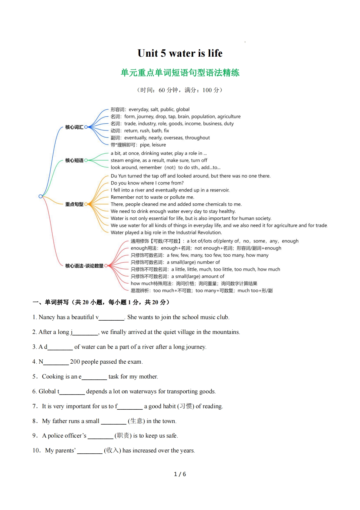 Unit 5 Water is life 单词短语句型语法（教材考点精练）（原卷版）.pdf-七宝：认真做好一件事