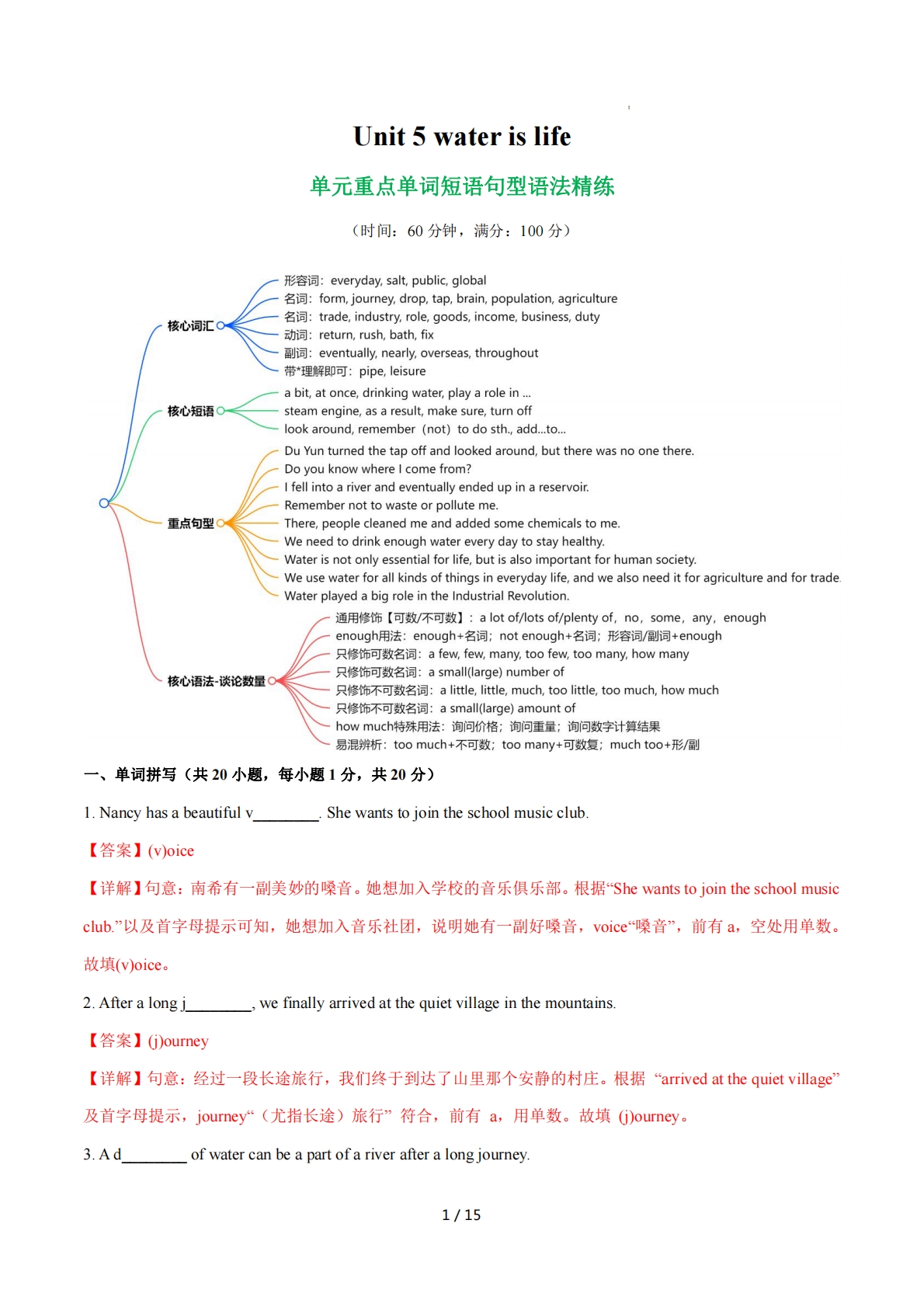 Unit 5 Water is life 单词短语句型语法（教材考点精练）（解析版）.pdf-七宝：认真做好一件事