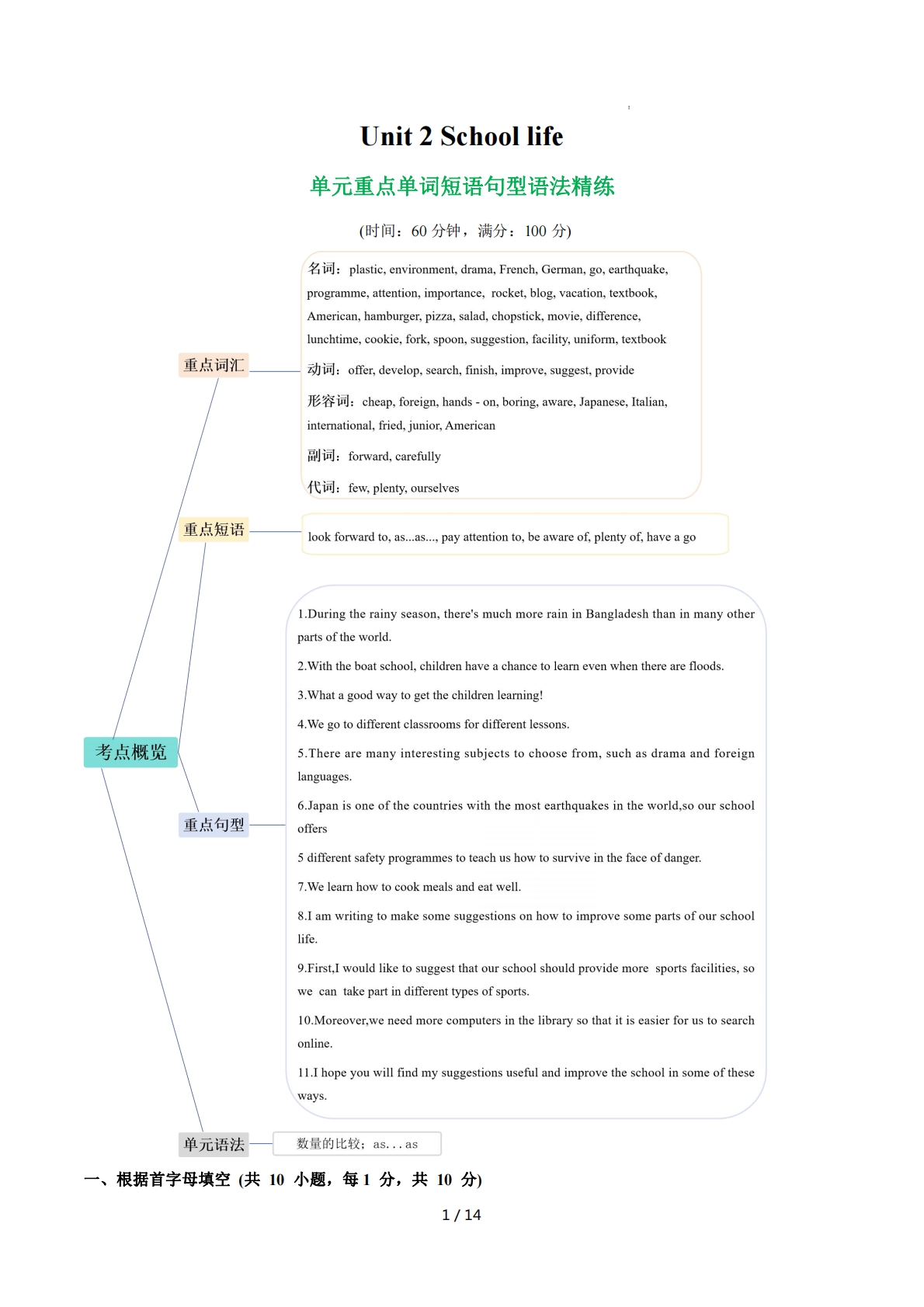 Unit 2 School life 单词短语句型语法（教材考点精练）（解析版）.pdf-七宝：认真做好一件事