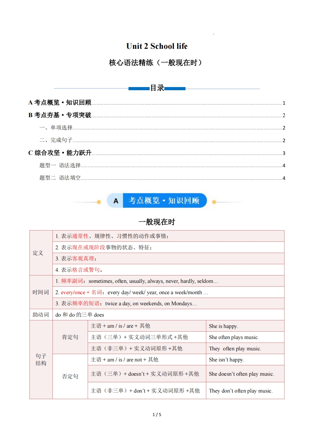 Unit 2 School life一般现在时（单元核心语法精练）（原卷版）.pdf-七宝：认真做好一件事