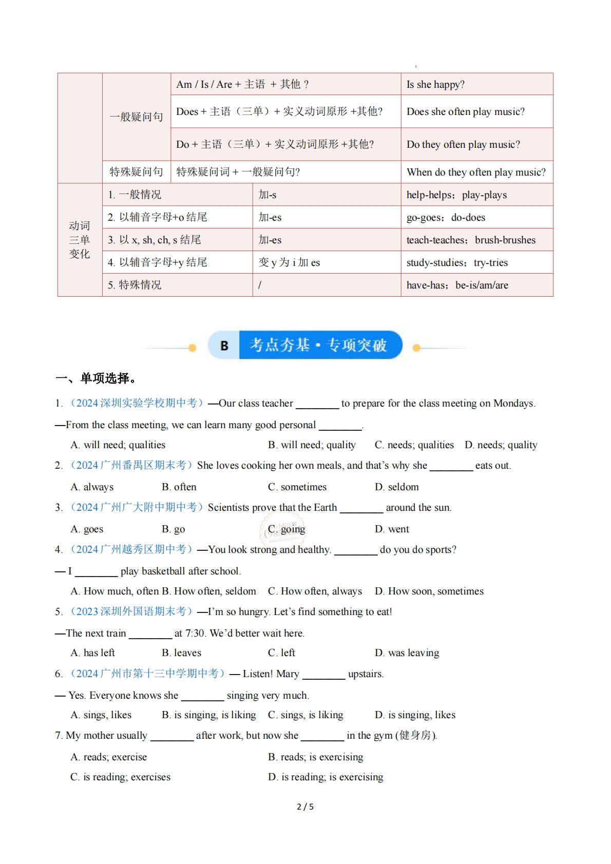 图片[2]-Unit 2 School life一般现在时（单元核心语法精练）（原卷版）.pdf-七宝：认真做好一件事