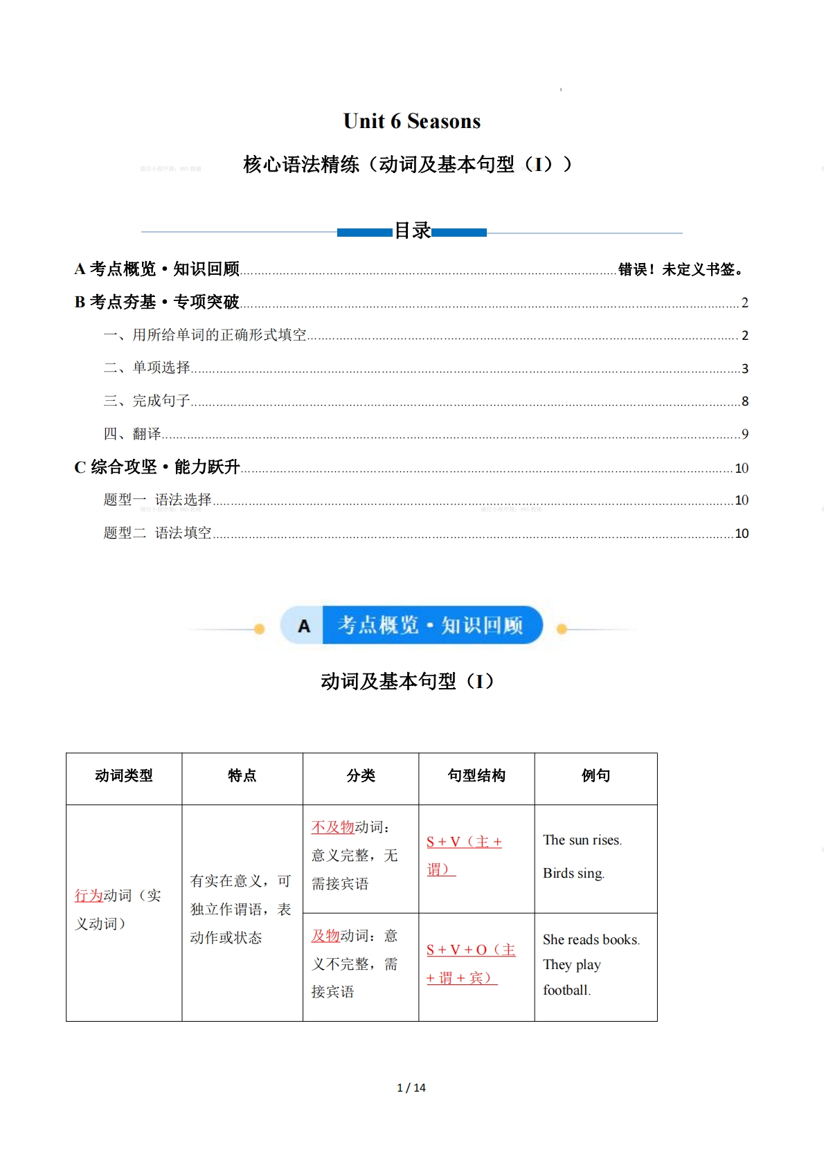 Unit 6 Seasons 动词及基本句型（I）（单元核心语法精练）（解析版）.pdf-七宝：认真做好一件事