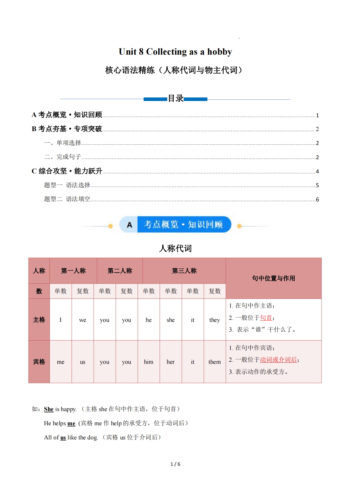 Unit 8 Collecting as a hobby 人称代词与物主代词（单元核心语法精练）（原卷版）.pdf-七宝：认真做好一件事