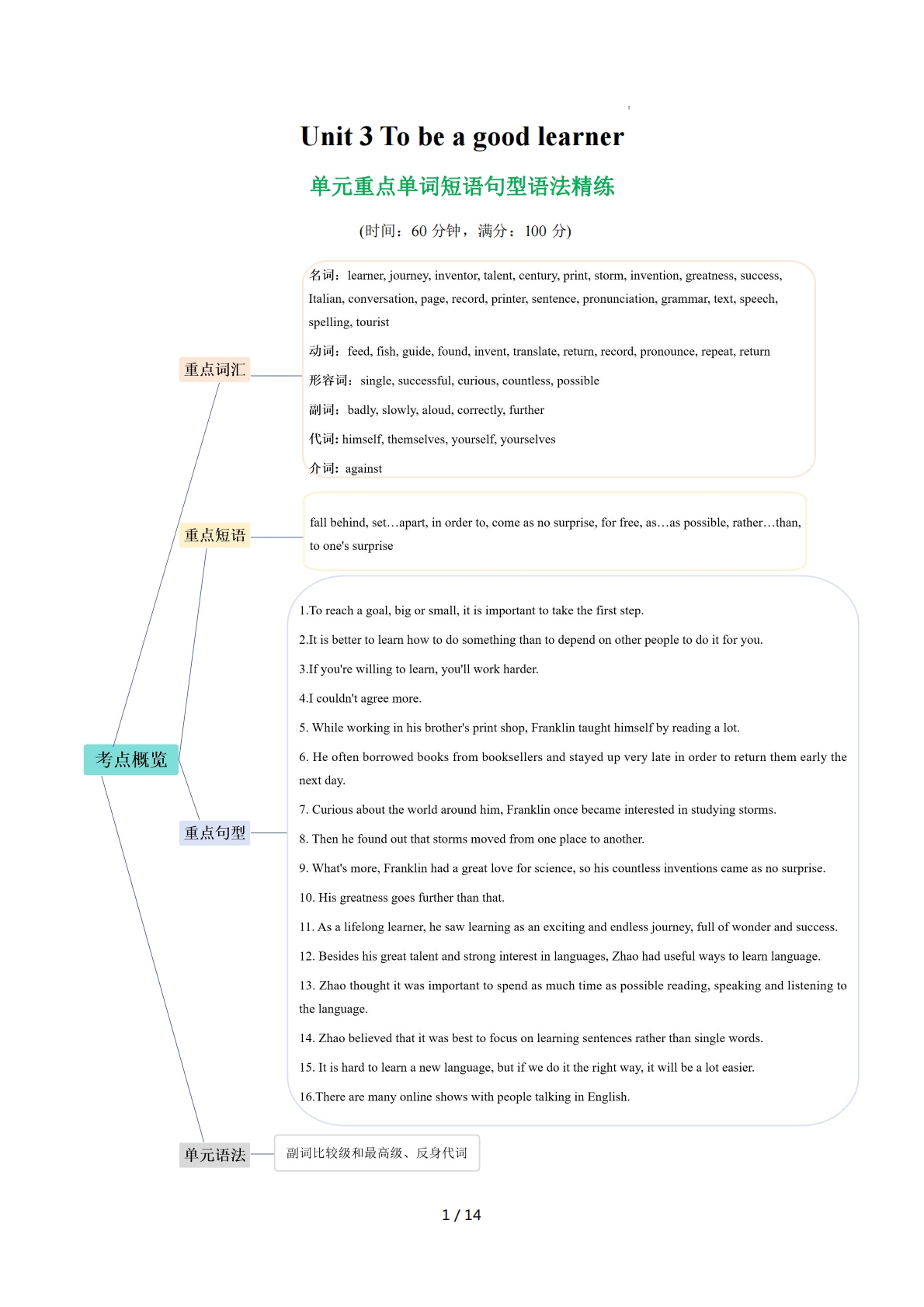 Unit 3 To be a good learner 单词短语句型语法（教材考点精练）（解析版）.pdf-七宝：认真做好一件事
