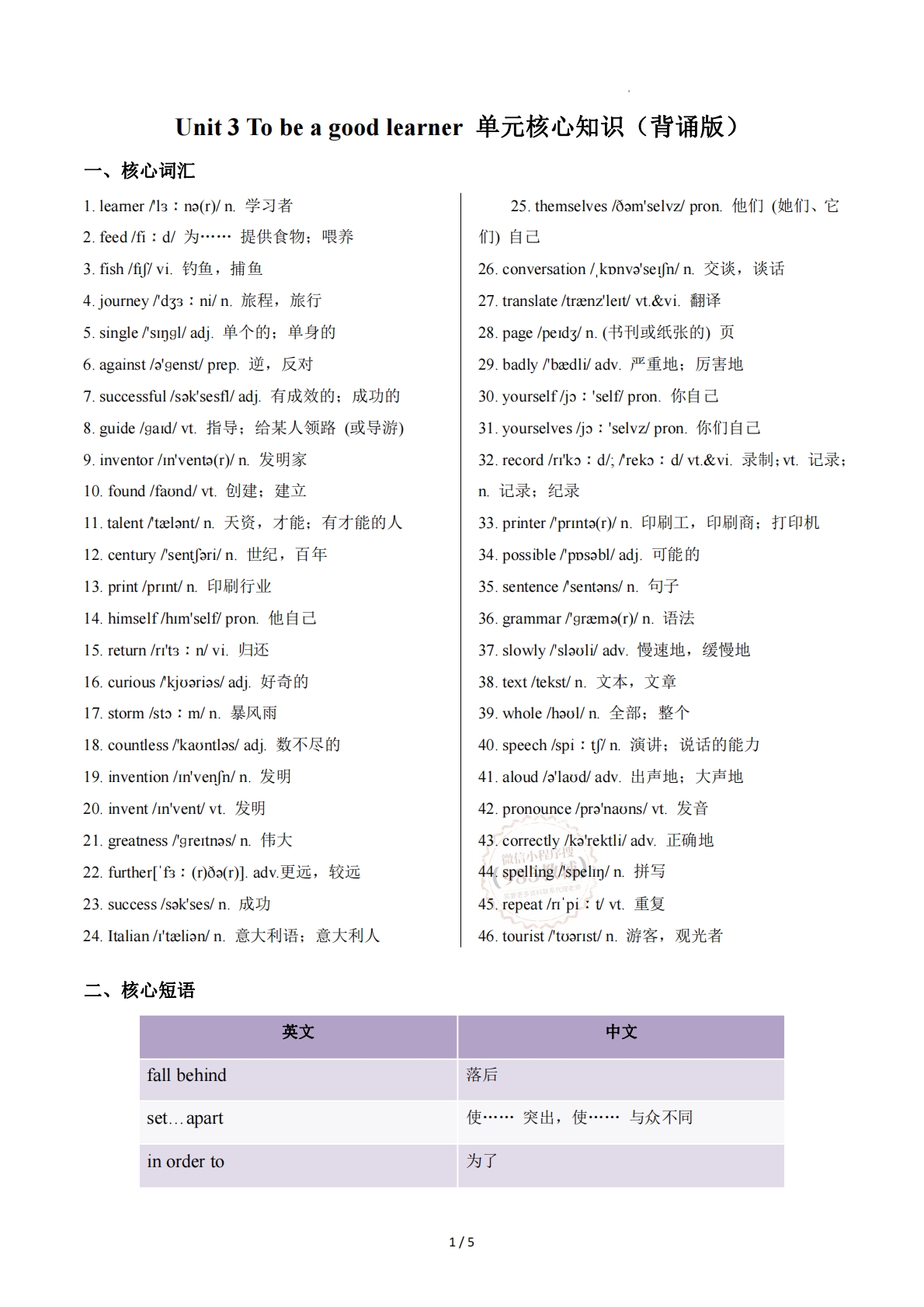 Unit 3 To be a good learner（单元核心知识）（背诵版）.pdf-七宝：认真做好一件事