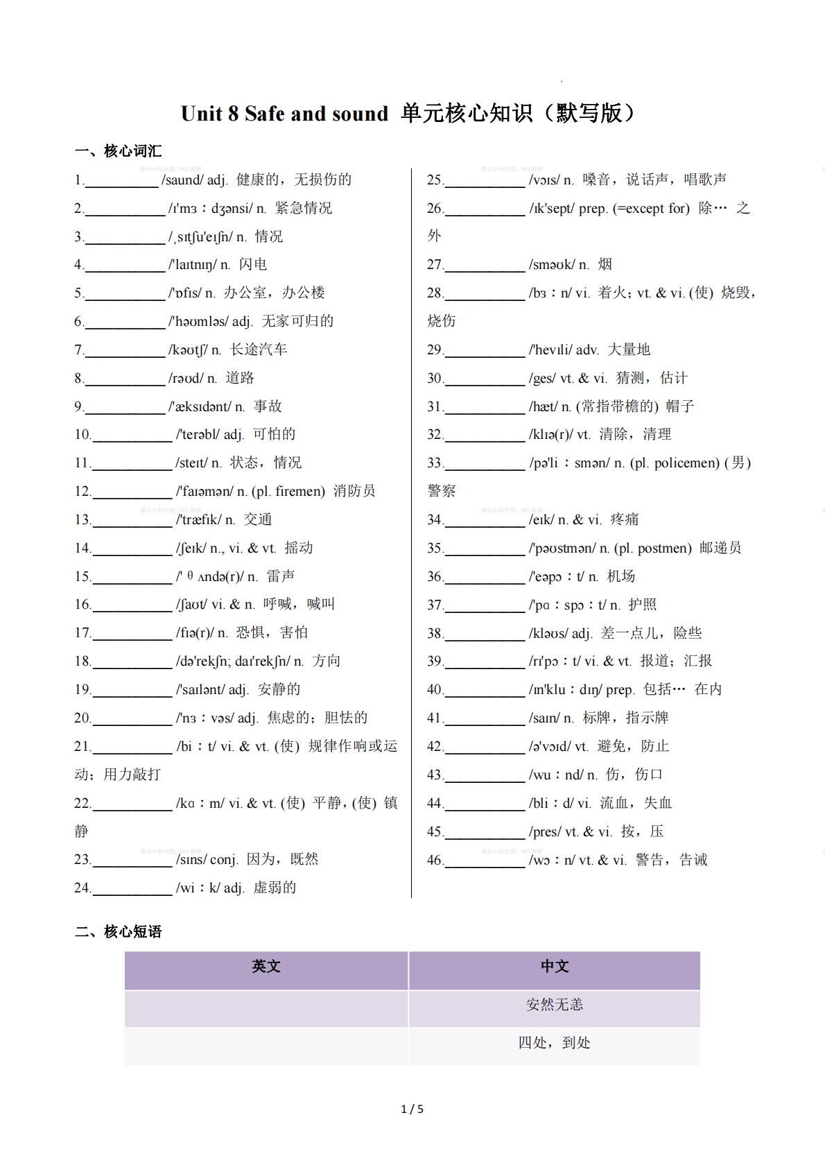 Unit 8 Safe and sound（单元核心知识）（默写版） .pdf-七宝：认真做好一件事