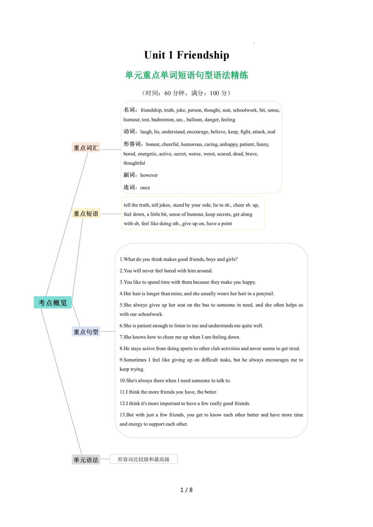Unit 1 Friendship 单词短语句型语法（教材考点精练）（原卷版）.pdf-七宝：认真做好一件事