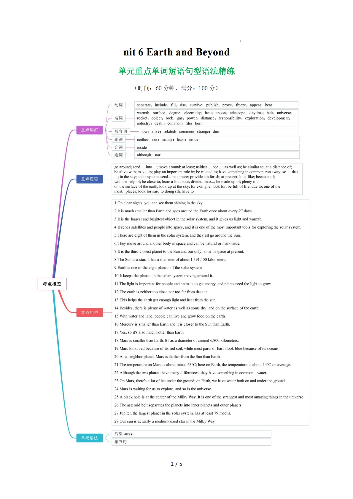 Unit 6 Earth and Beyond 单词短语句型语法（教材考点精练）（原卷版）.pdf-七宝：认真做好一件事