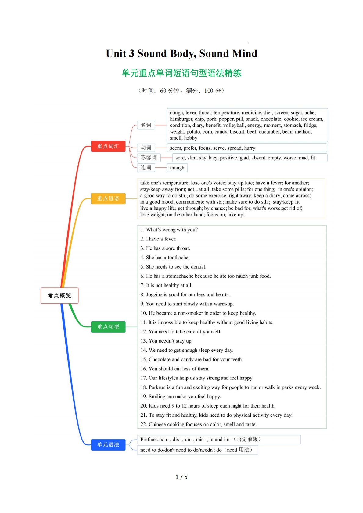 Unit 3 Sound Body, Sound Mind 单词短语句型语法（教材考点精练）（原卷版）.pdf-七宝：认真做好一件事