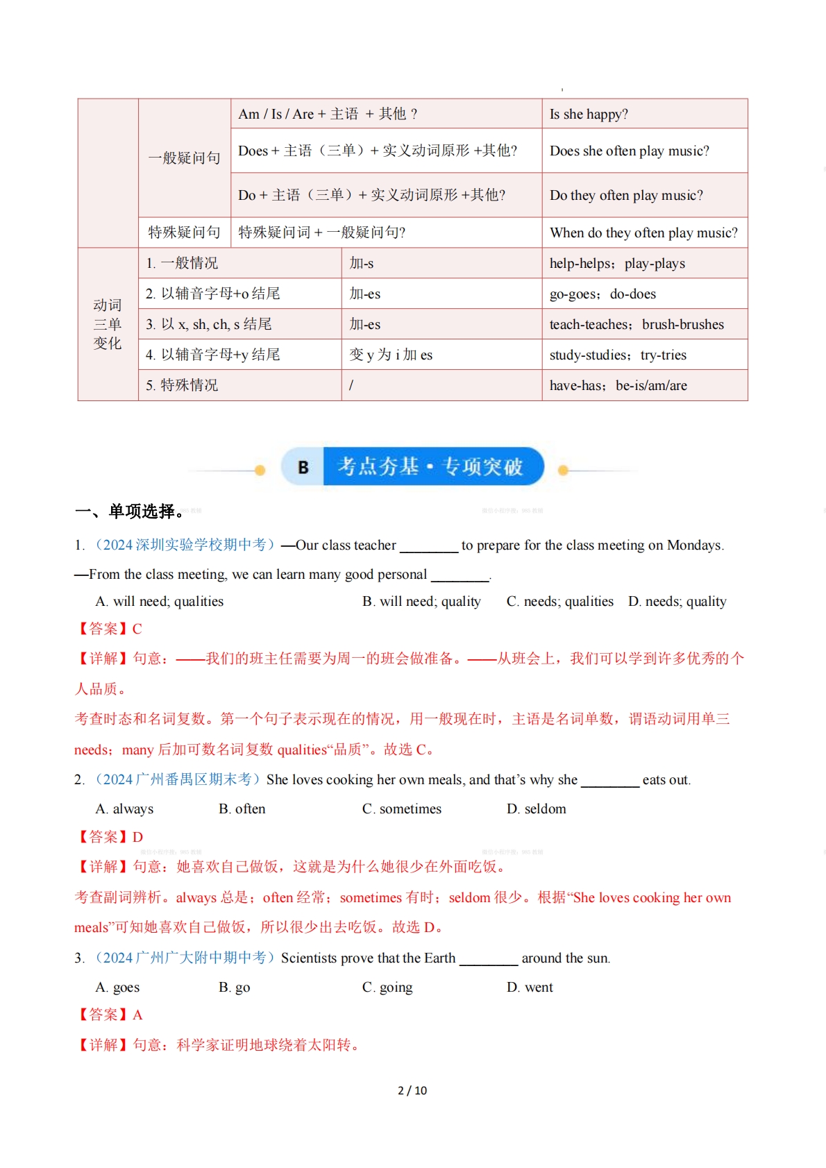 图片[2]-Unit 2 School life一般现在时（单元核心语法精练）（解析版）.pdf-七宝：认真做好一件事