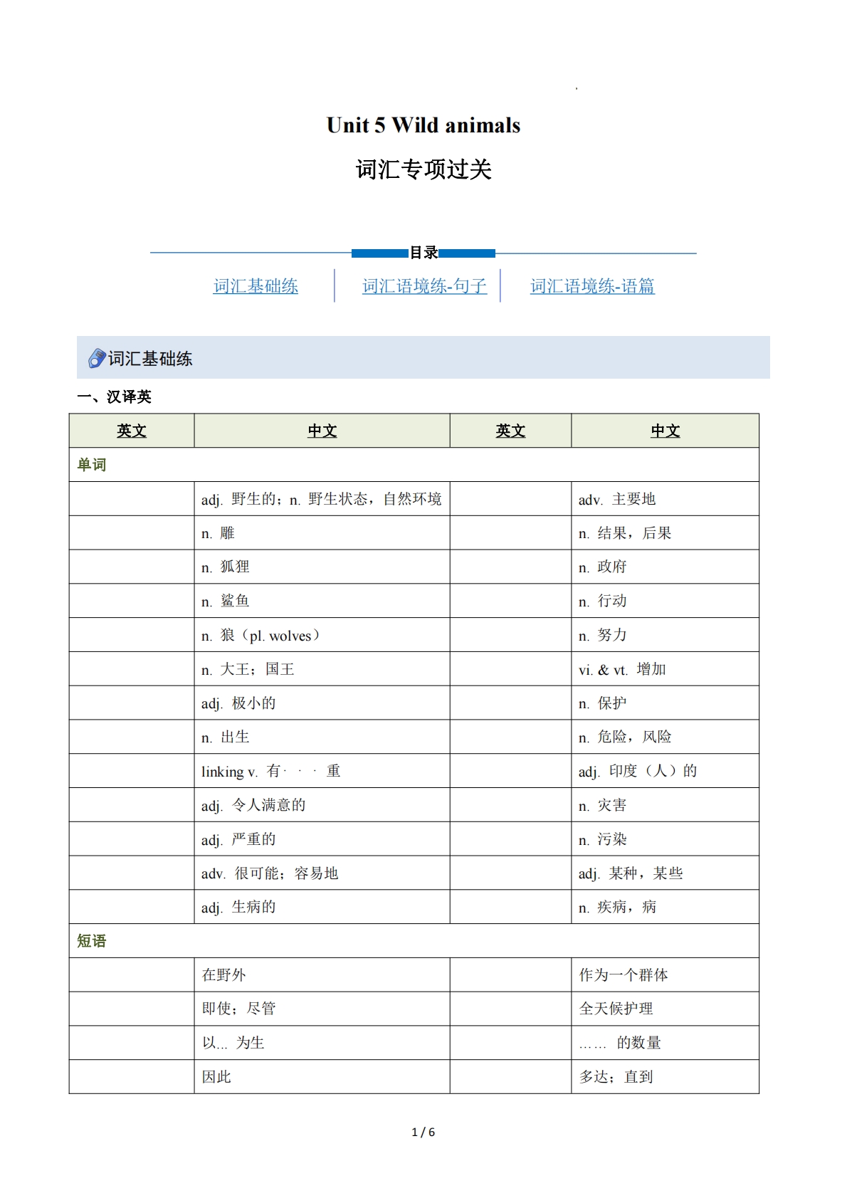 Unit 5 Wild animals（重难词汇精练）（原卷版）.pdf-七宝：认真做好一件事