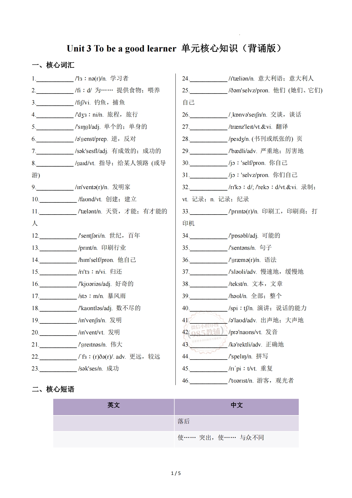 Unit 3 To be a good learner（单元核心知识）（默写版）.pdf-七宝：认真做好一件事