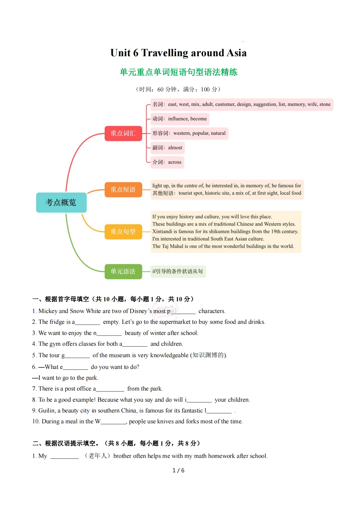 Unit 6 Travelling around Asia 单词短语句型语法（教材考点精练）（原卷版）.pdf-七宝：认真做好一件事
