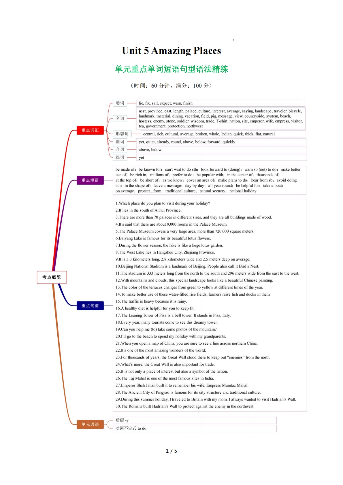 Unit 5 Amazing Places 单词短语句型语法（教材考点精练）（原卷版）.pdf-七宝：认真做好一件事