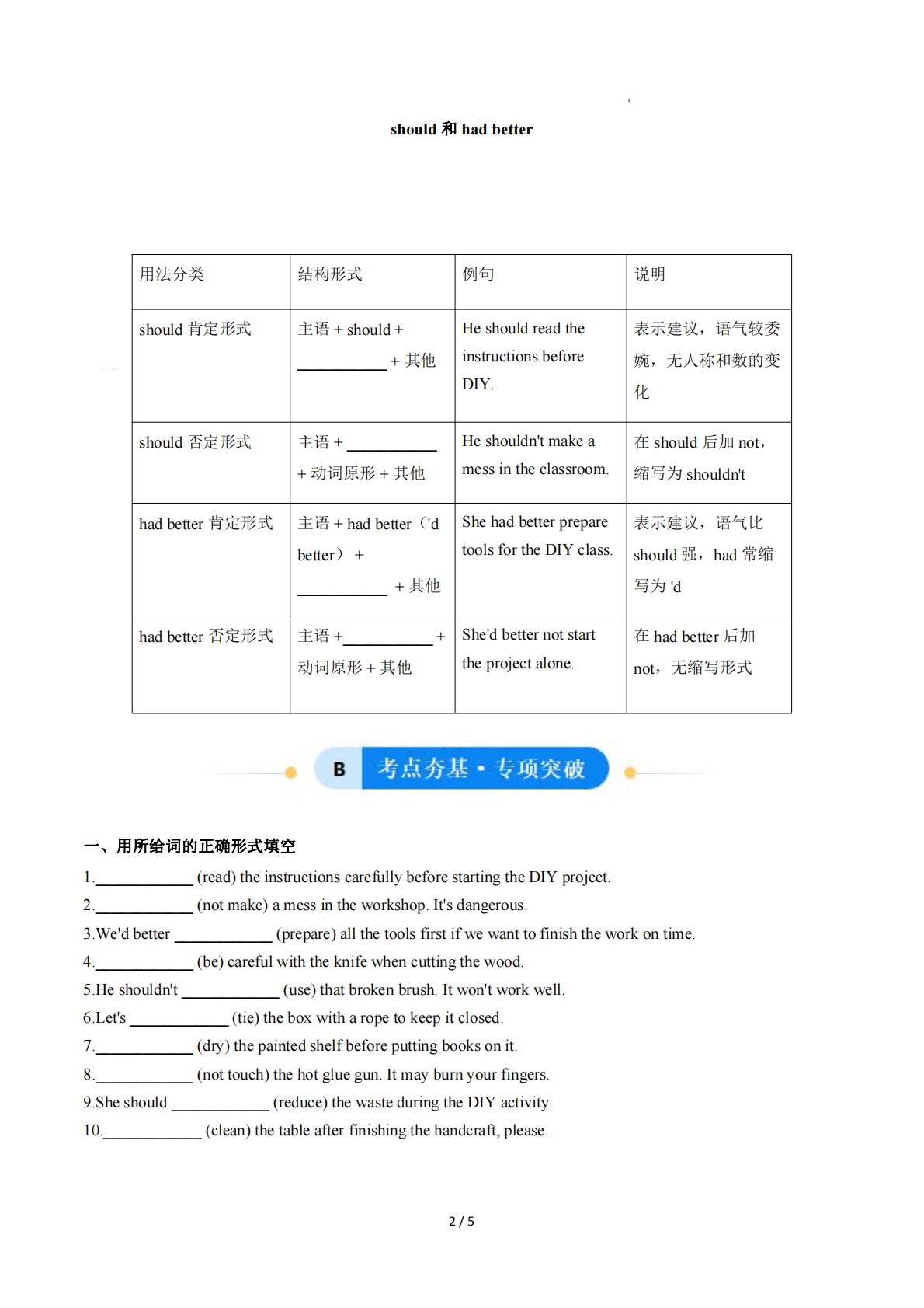 图片[2]-unit 4 hands-on fun 祈使句及should、had better（单元核心语法精练）（原卷版）.pdf-七宝：认真做好一件事