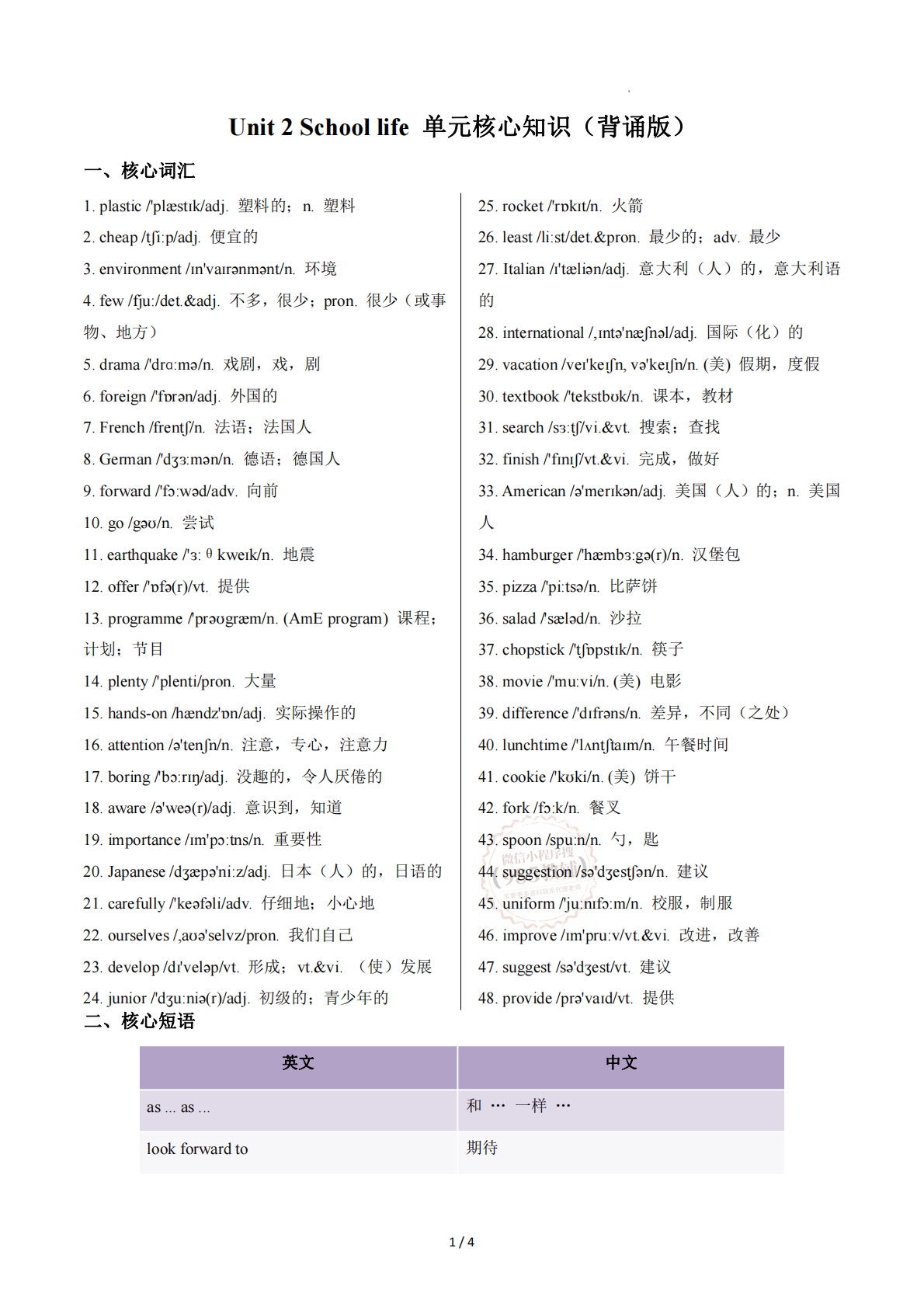 Unit 2 School life（单元核心知识）（背诵版）.pdf-七宝：认真做好一件事