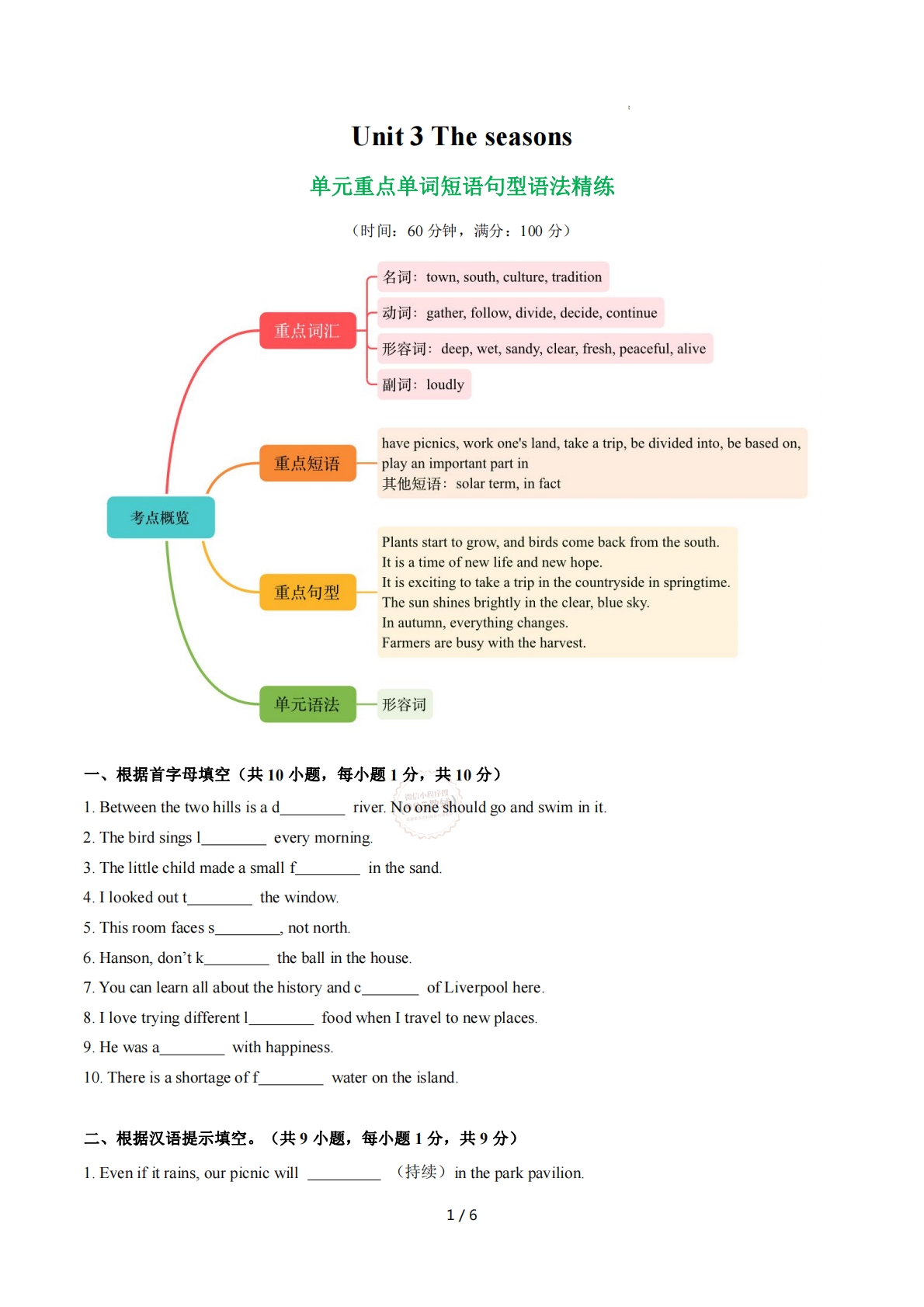 Unit 3 The seasons 单词短语句型语法（教材考点精练）（原卷版）.pdf-七宝：认真做好一件事