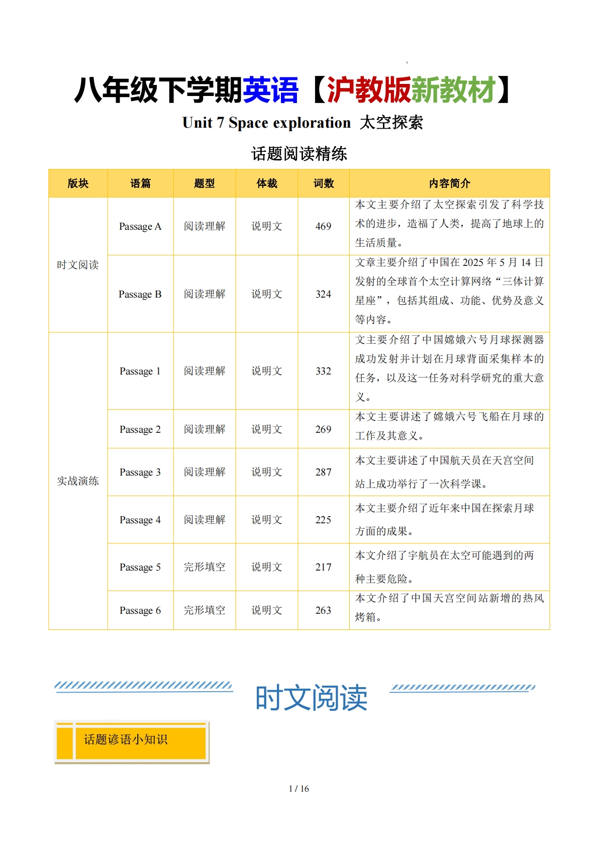 Unit 7 Space exploration 人与自然：航天与航空（学习，教育，资料，试卷阅读精练）（原卷版）.pdf-七宝：认真做好一件事