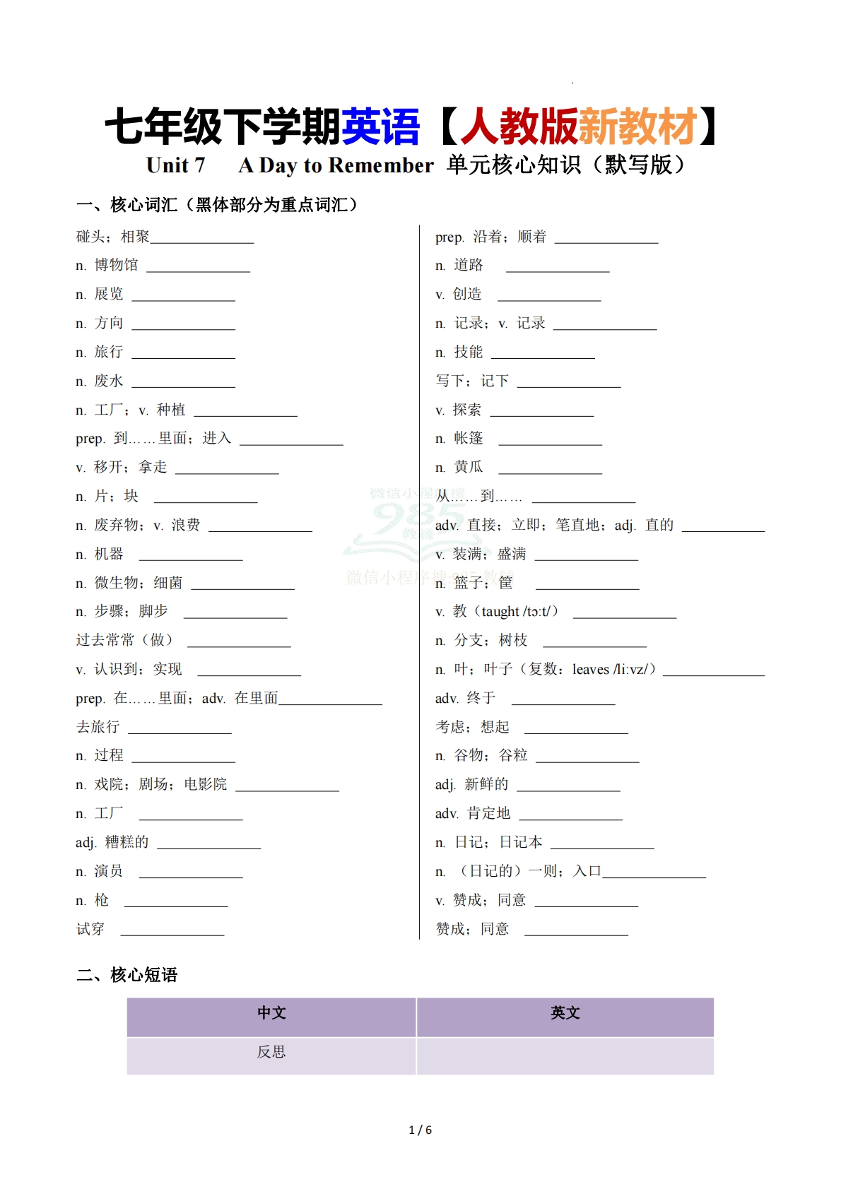 Unit 7   A Day to Remember 单元核心知识（背诵默写任务单）（默写版）.pdf-七宝：认真做好一件事