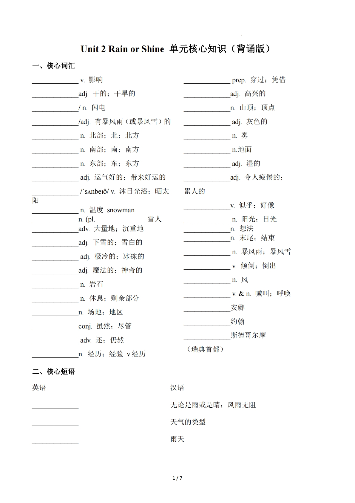 Unit 2 Rain or Shine（单元核心知识）（默写版）.pdf-七宝：认真做好一件事