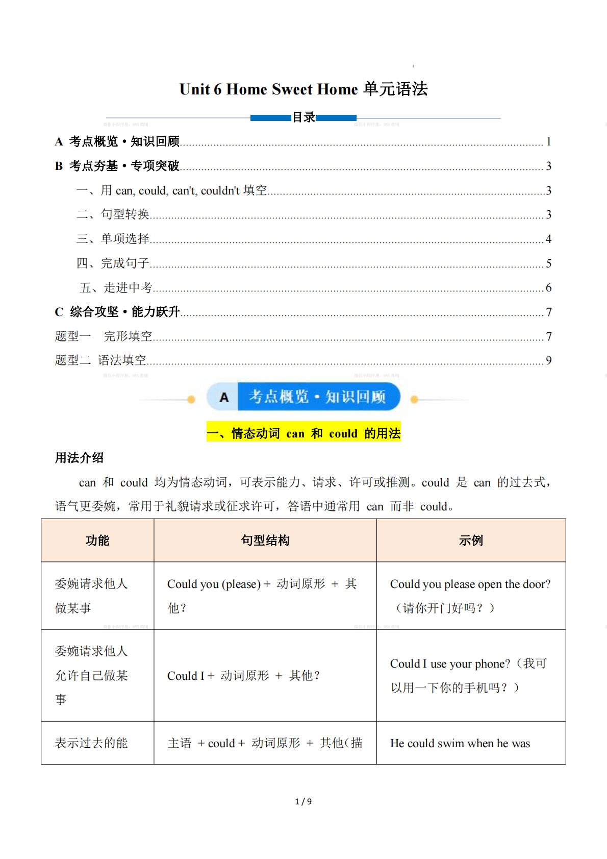 Unit 6 Home Sweet Home情态动词（单元核心语法精练）（原卷版）.pdf-七宝：认真做好一件事