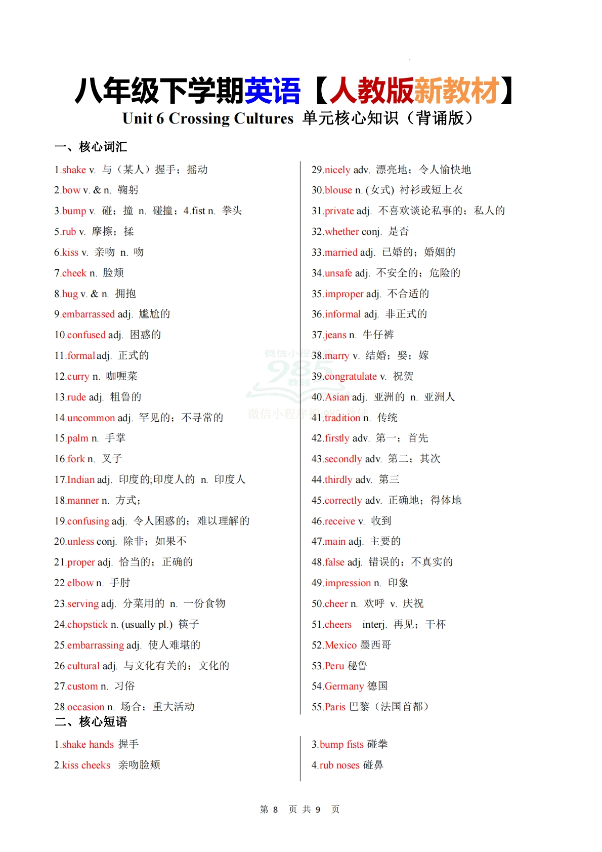 Unit 6 Crossing Cultures 单元核心知识（背诵默写任务单）（背诵版）.pdf-七宝：认真做好一件事