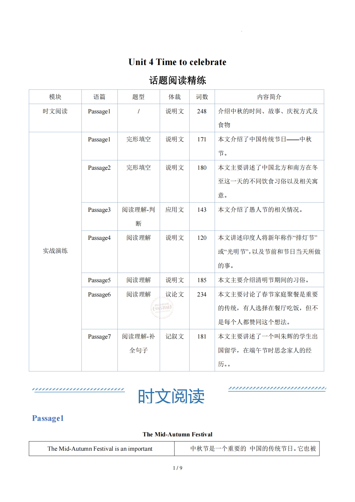 Unit 4 Time to celebrate(学习，教育，资料，试卷阅读精练）（原卷版）.pdf-七宝：认真做好一件事