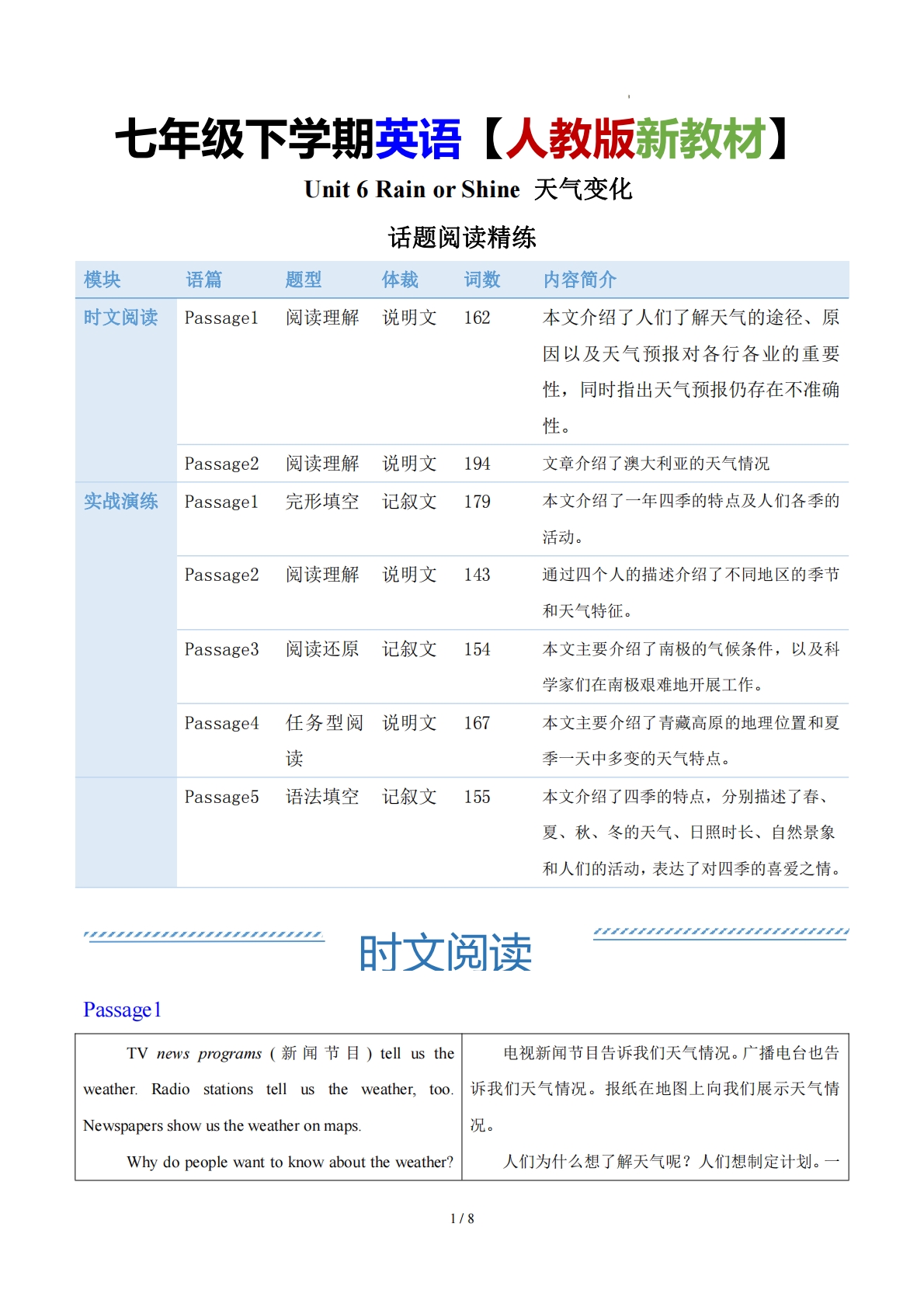 Unit 6 Rain or Shine  天气变化（学习，教育，资料，试卷阅读精练）（原卷版）.pdf-七宝：认真做好一件事