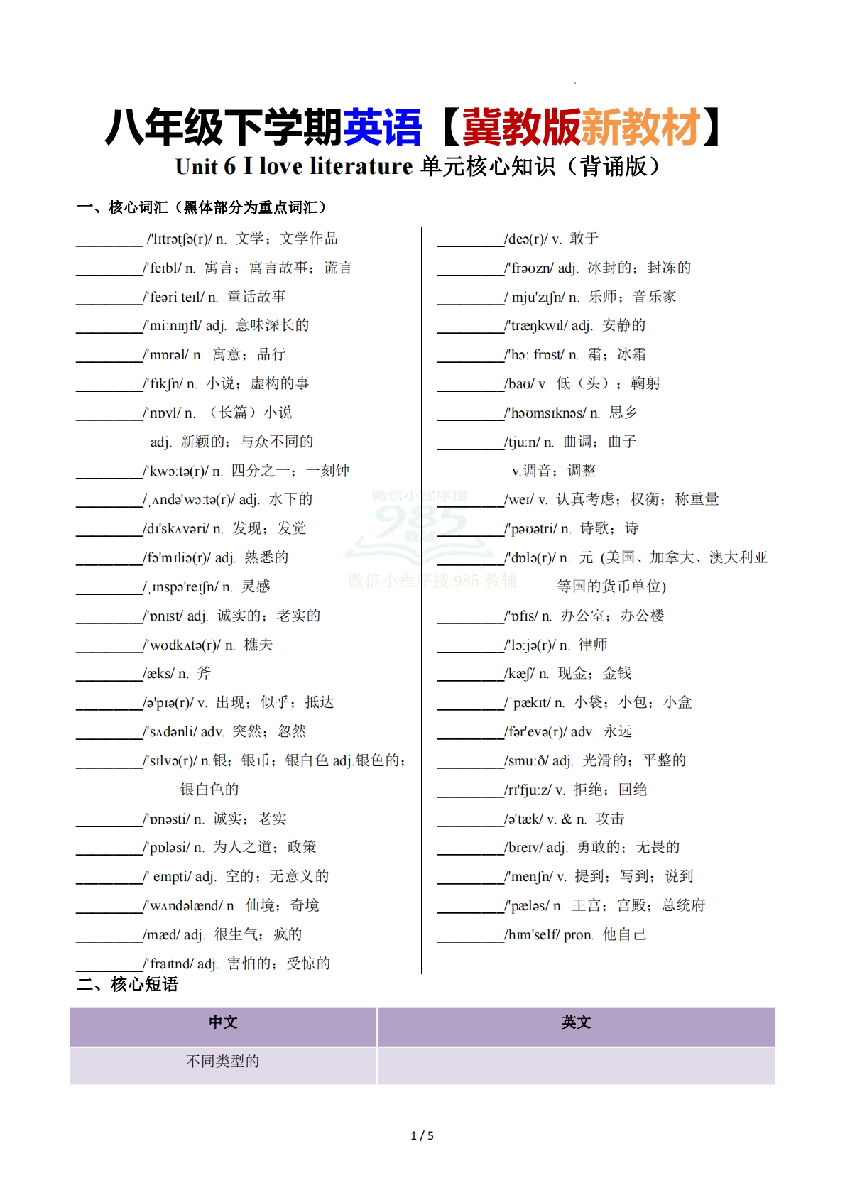 Unit 6 I love literature 单元核心知识（背诵默写任务单）（默写版）.pdf-七宝：认真做好一件事