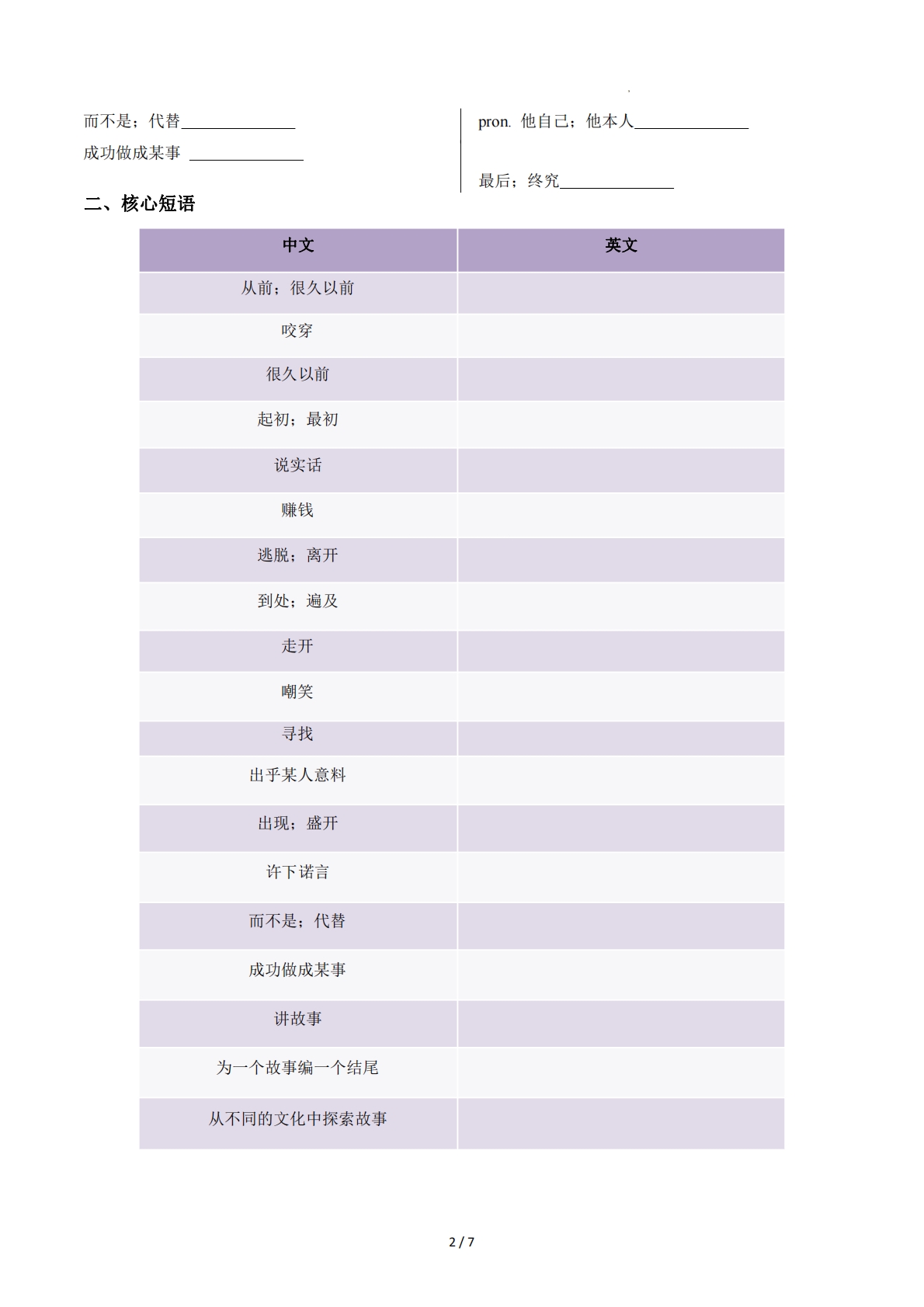 图片[2]-Unit 8   Once upon a Time 单元核心知识（背诵默写任务单）（默写版）.pdf-七宝：认真做好一件事