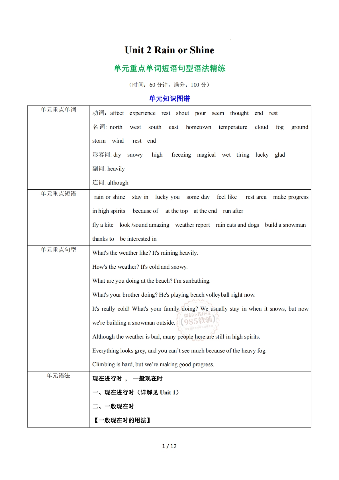 Unit 2 Rain or Shine 单词短语句型语法（教材考点精练）（解析版）.pdf-七宝：认真做好一件事