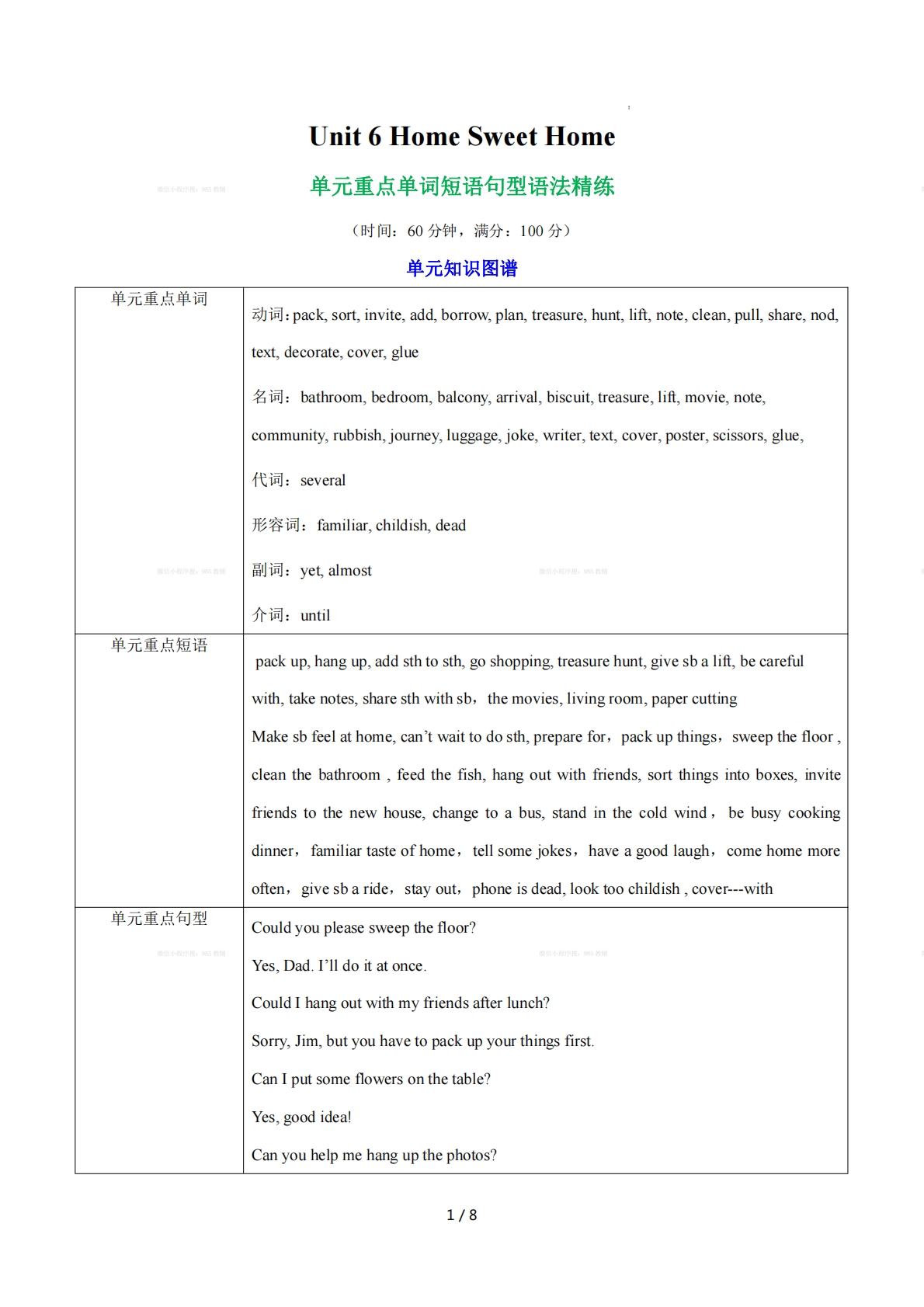 unit 6 home sweeet home   单词短语句型语法（教材考点精练）（原卷版）.pdf-七宝：认真做好一件事