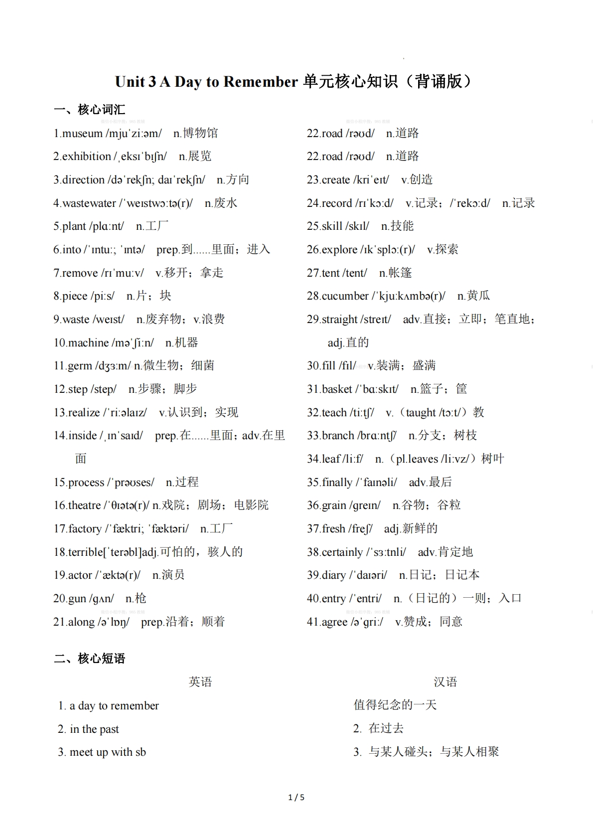 Unit 3 A Day to Rember（单元核心知识）（背诵版）.pdf-七宝：认真做好一件事