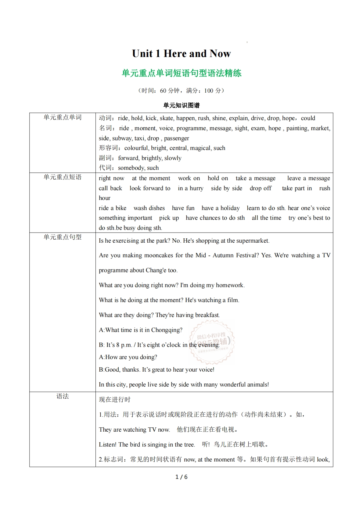 Unit 1 Here and Now 单词短语句型语法（教材考点精练）（原卷版）.pdf-七宝：认真做好一件事